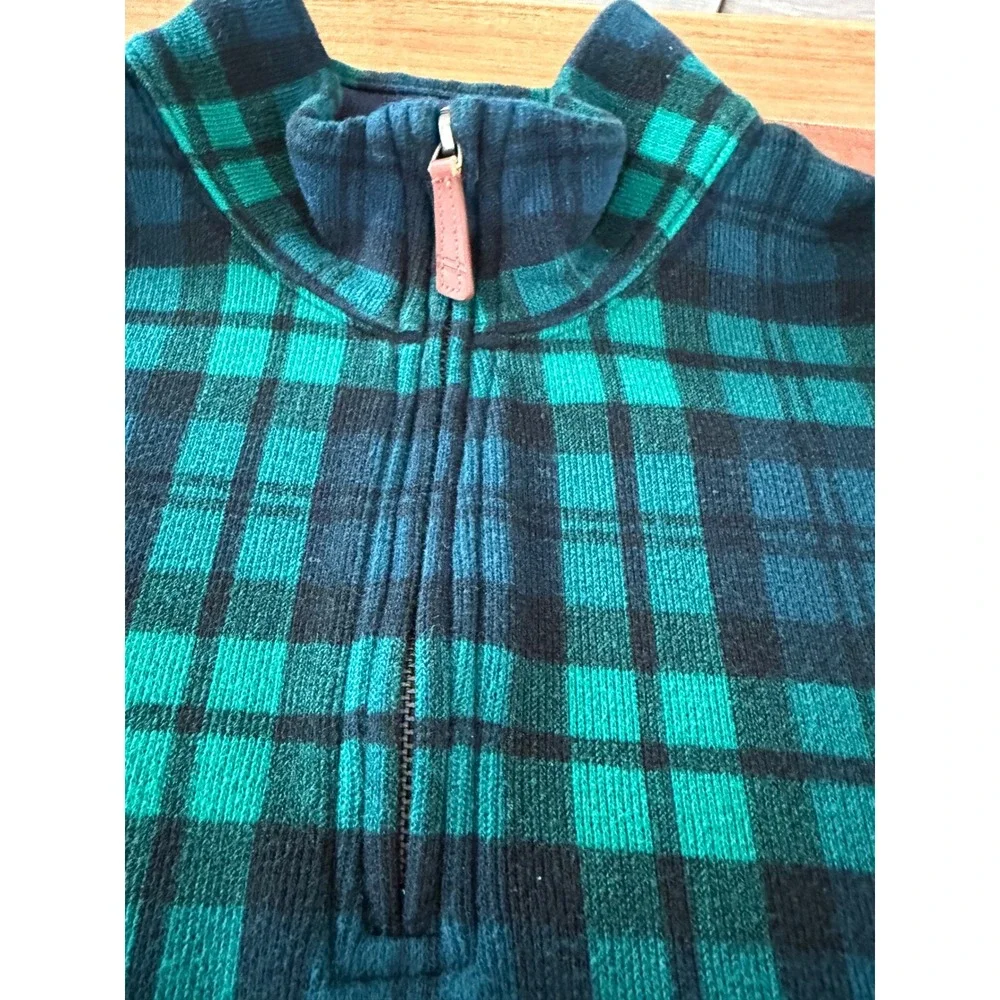 Lands End Mens Medium Plaid Quarter Zip Pullover Green Navy Blue 100% Cotton